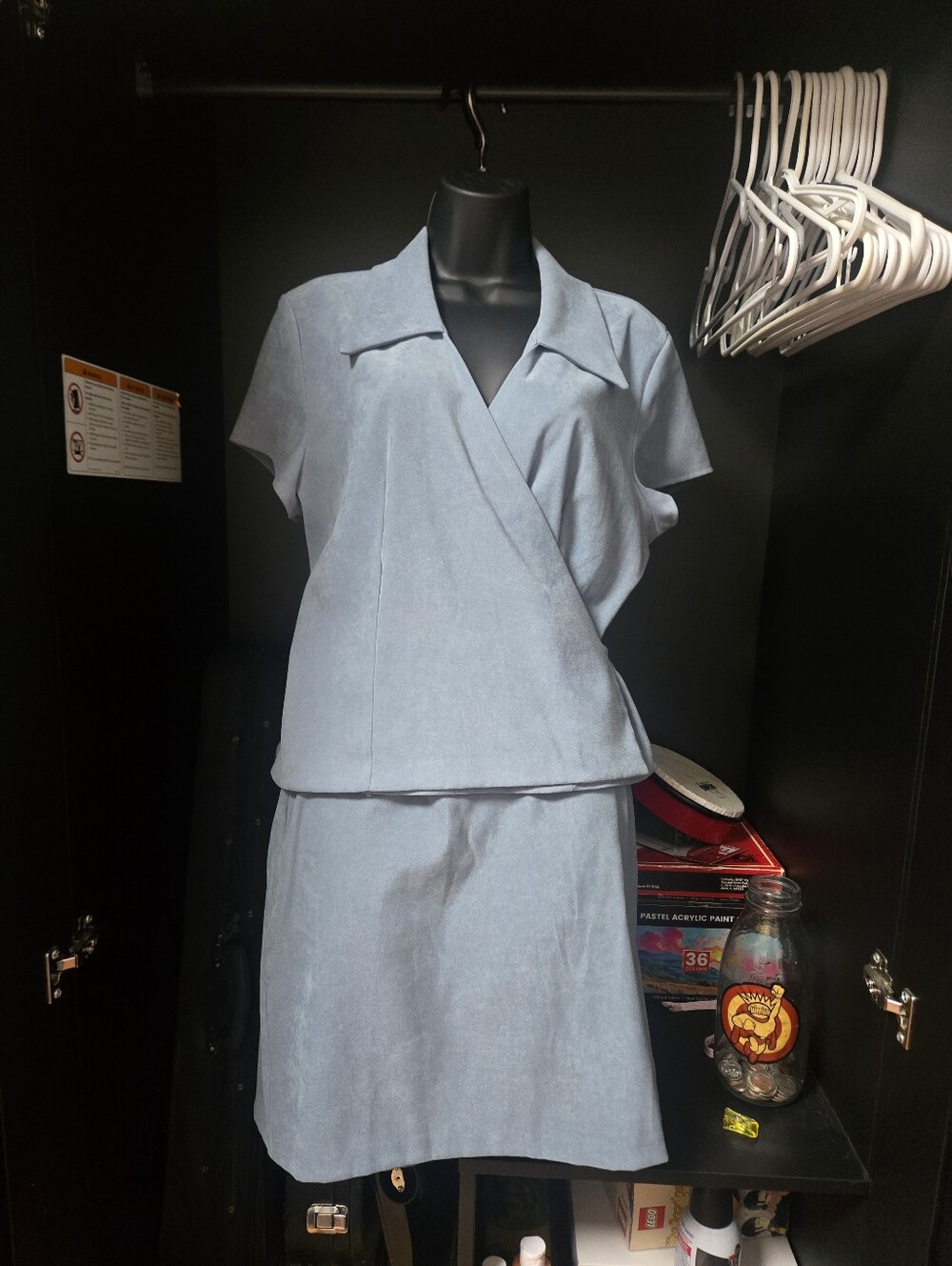 Vintage 90s A.N.N.A. Powder Blue Faux Suede Wrap Top & Skirt Set L